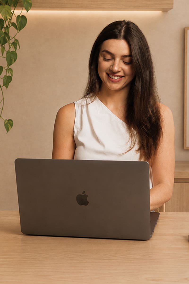 Nutricionista em consulta online, sorrindo atrás do notebook