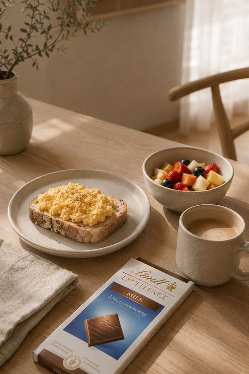 Café da manhã com ovos mexidos, frutas, café e chocolate sobre a mesa