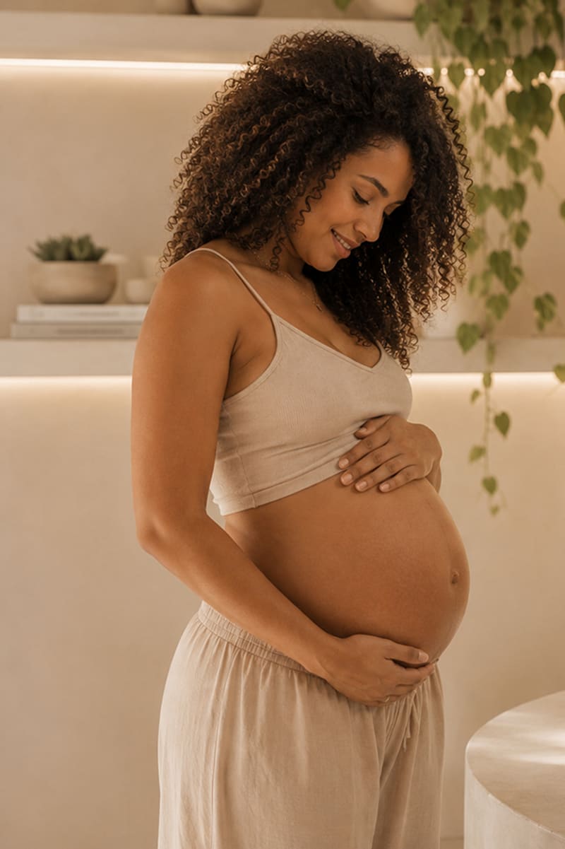 Gestante sorrindo, com as mãos sobre a barriga